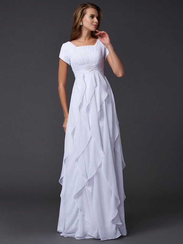 Sheath Chiffon Square Short Sleeves Floor-Length With Ruffles Dresses